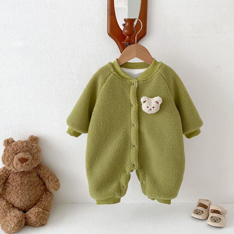 Winter FleeceBaby Boy/Girl Bear Design Solid Color Long Sleeve Romper-kissminis