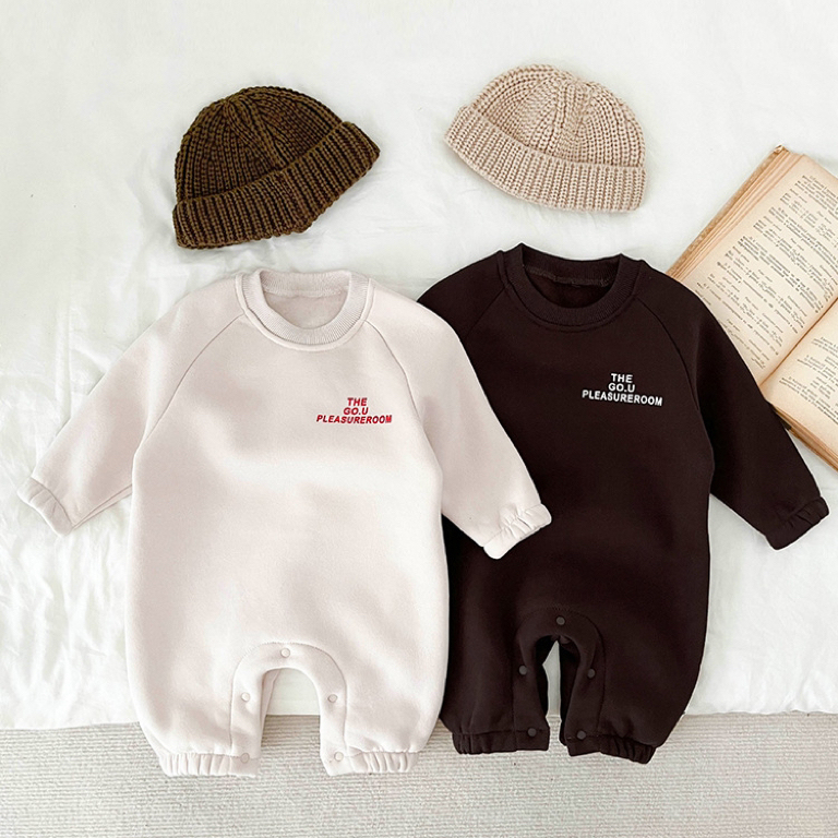 Winter Baby Boy/Girl Letter Print Solid Color Thicken Long Sleeve Romper-kissminis
