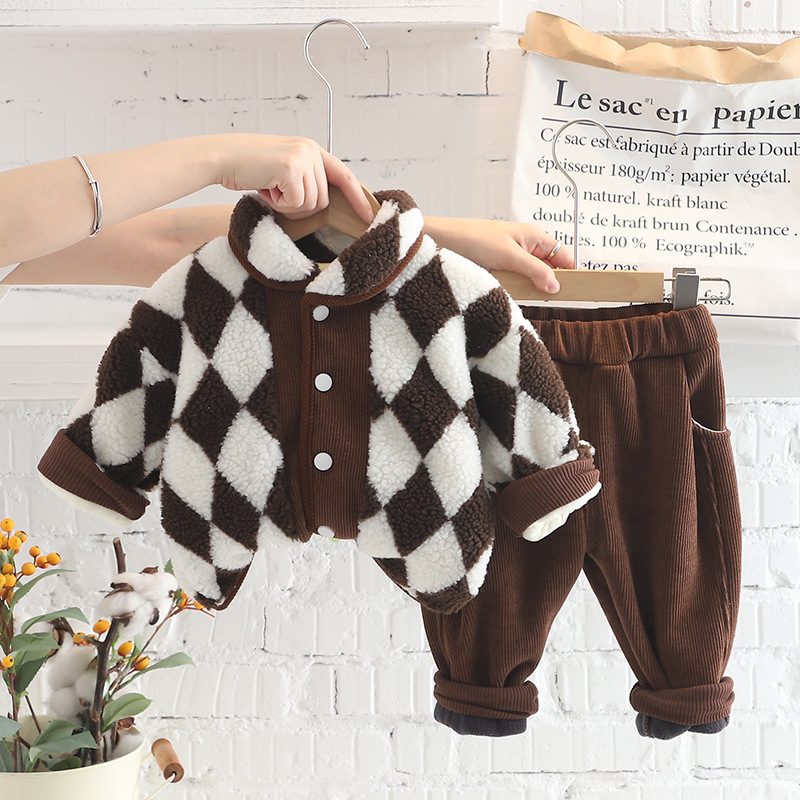 Winter Fleece 2pcs Toddler Diamond Pattern Sweatshirt and Pant Set-kissminis