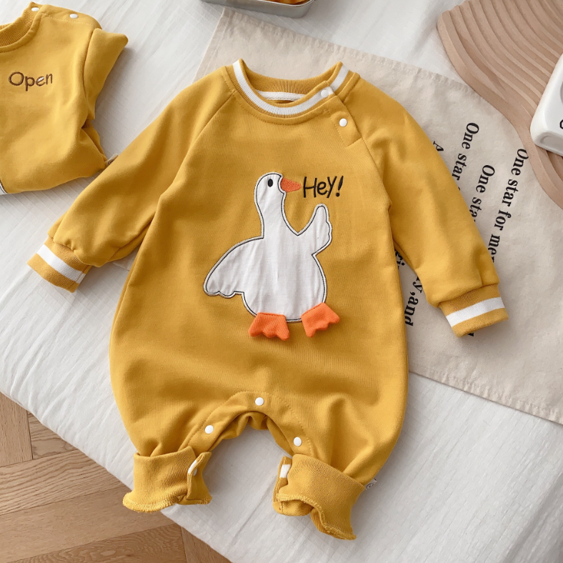 Baby Cute Cartoon Duck Pattern and Letter Print Long Sleeve Romper-kissminis
