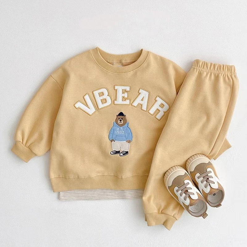 2pcs Toddler Boy/Girl Cute Bear and Letters Print Solid Color Long Sleeves Sweatshirt and Pants Set-kissminis