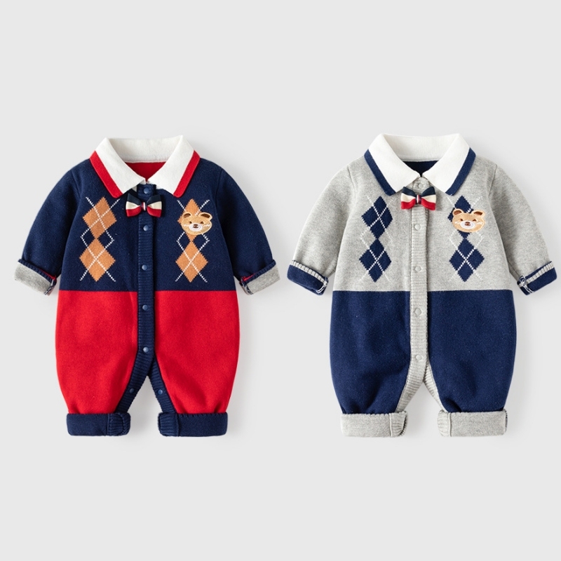 Newborn Baby Boy Cute Plaid Bear Graphic Knitted Long Sleeve Romper-kissminis