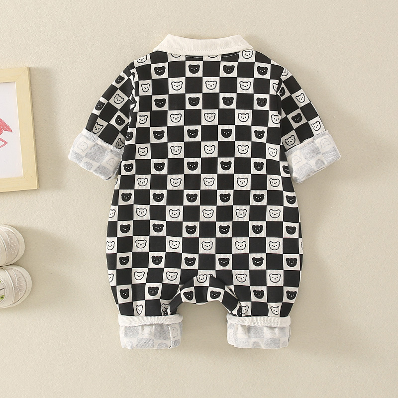 Baby Boy/Girl Gingham White Black Bear Graphic Long Sleeve Romper-kissminis
