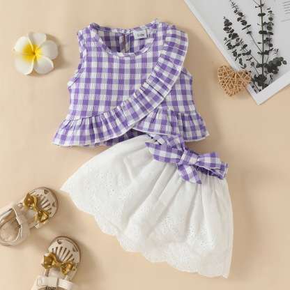 Baby Girl Plaid Ruffle Top Bowknot Mini Skirt Set