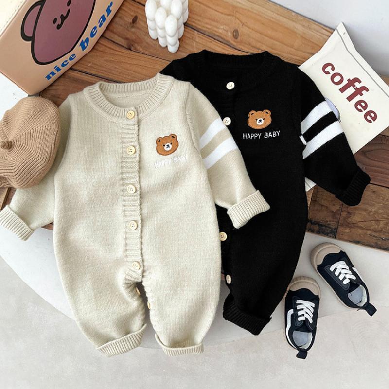 Baby Boy/Girl Bear Graphic Button closure Long Sleeve Knitted Romper-kissminis