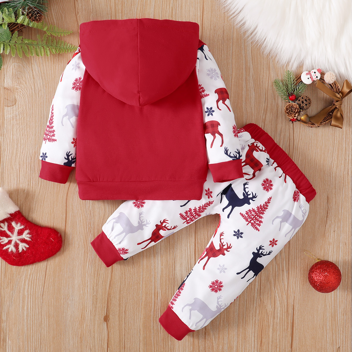 2pcs Baby Boy/Girl Christmas Elk Pine Snowman Print Long Sleeve Hooded Tops and Pants Set-kissminis