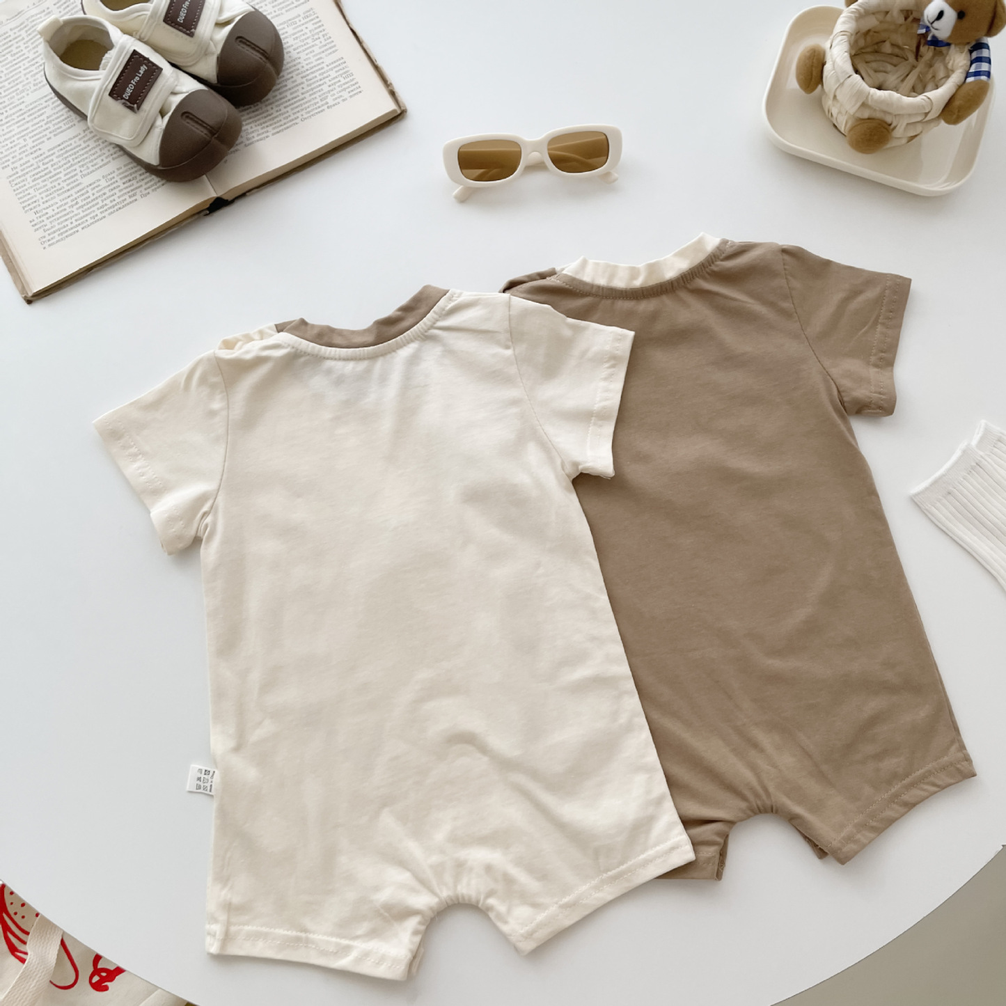 Baby Bear Pattern Solid Color Short Sleeve Romper-kissminis