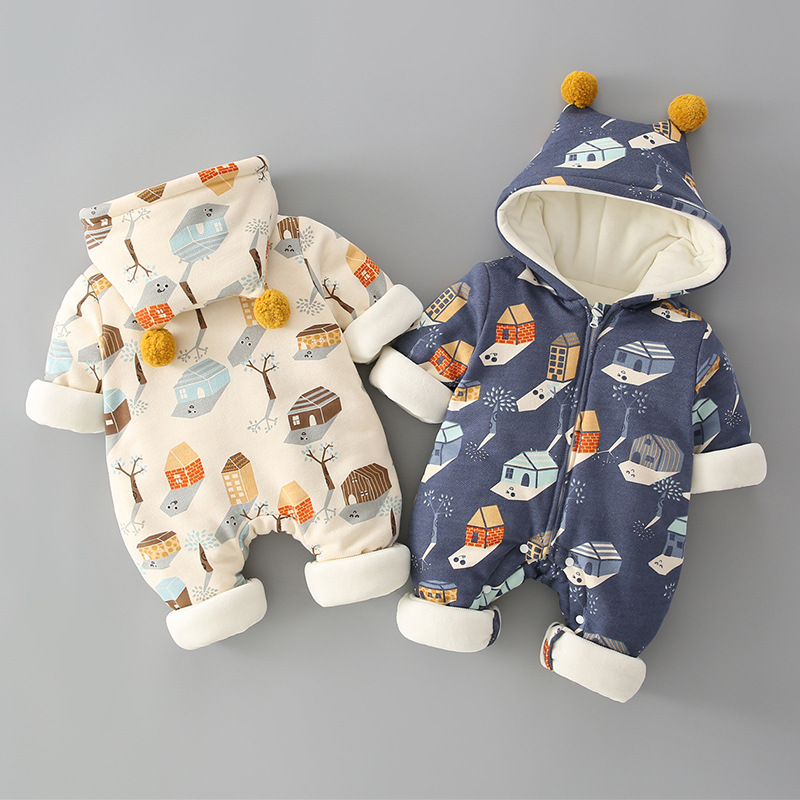 Baby Boy Winter Thicken Cartoon Pattern Long Sleeve Hooded Romper-kissminis