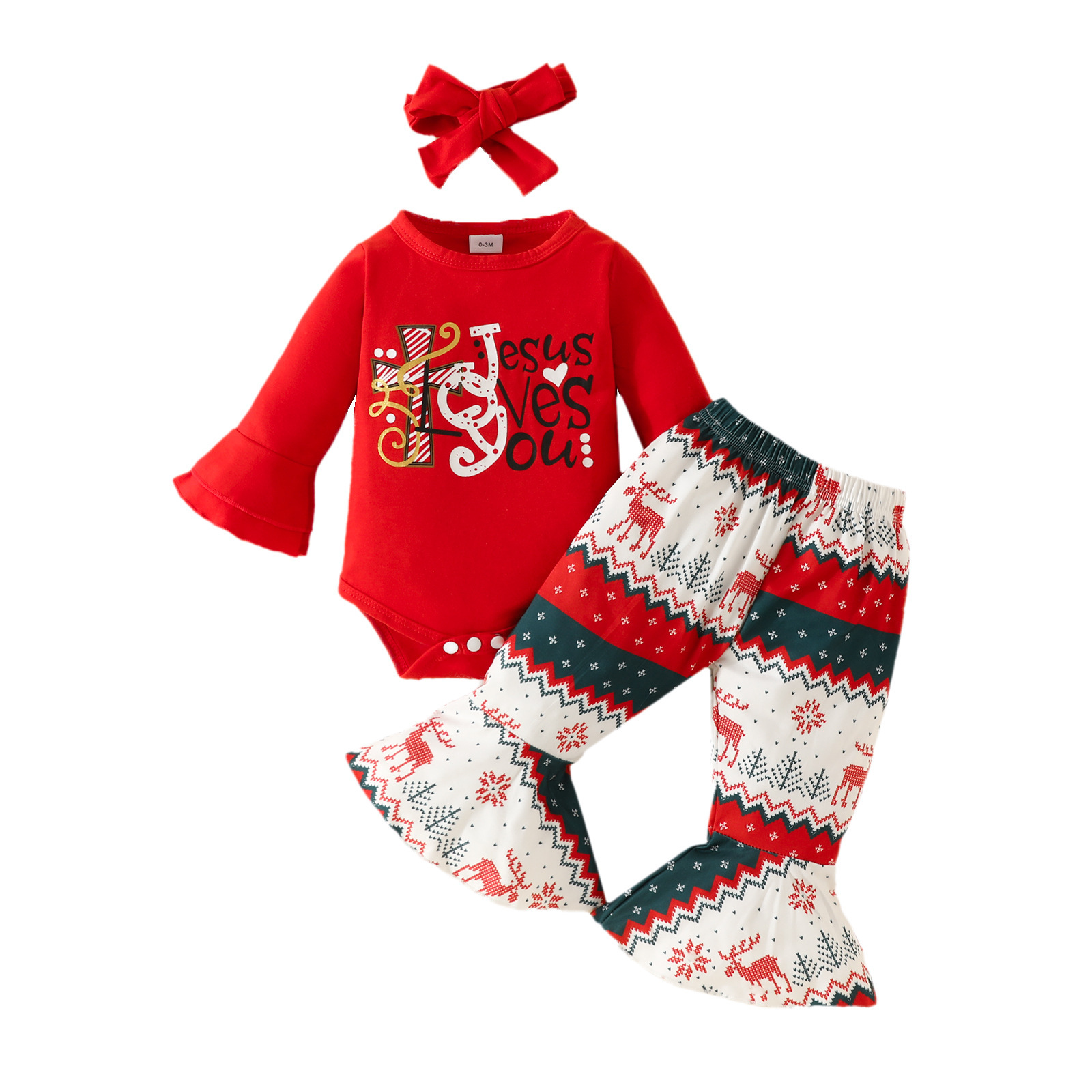 3pcs Newborn Baby Girl Christmas Letter and Cartoon Print Bowknot Long Sleeve Tops with Bell Bottoms and Hairband Set-kissminis