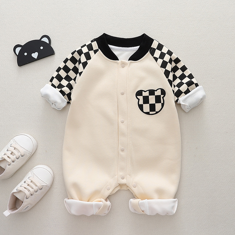 Baby Long Sleeve Bear Plaid Romper-kissminis