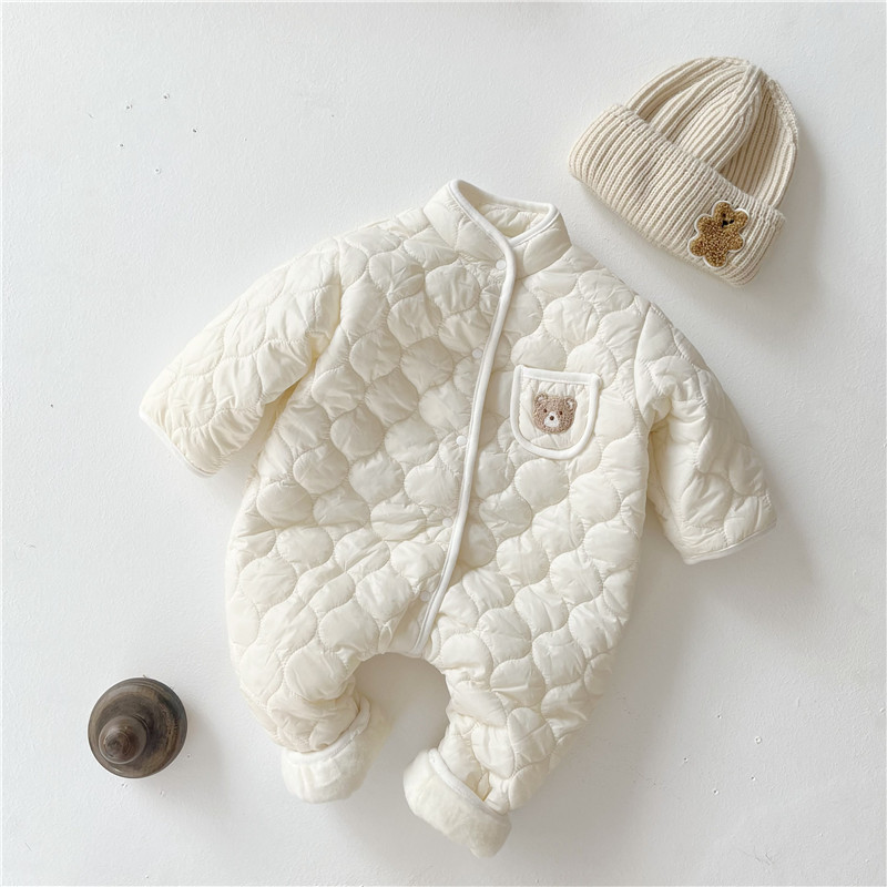 3pcs Baby Boy/Girl Cute Bear Pattern Pocket Solid Color Fluff Long Sleeve Romper with 1 Hat and 1 Scarf-kissminis