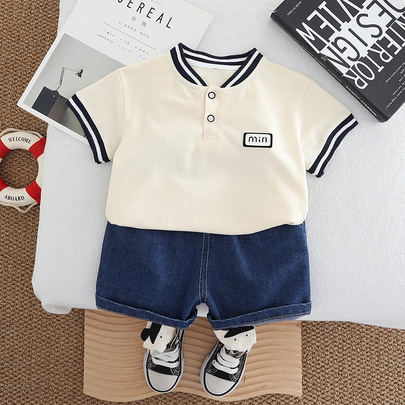 Henley Style Short Sleeve Shirt with Trim Detail and Denim Shorts Set