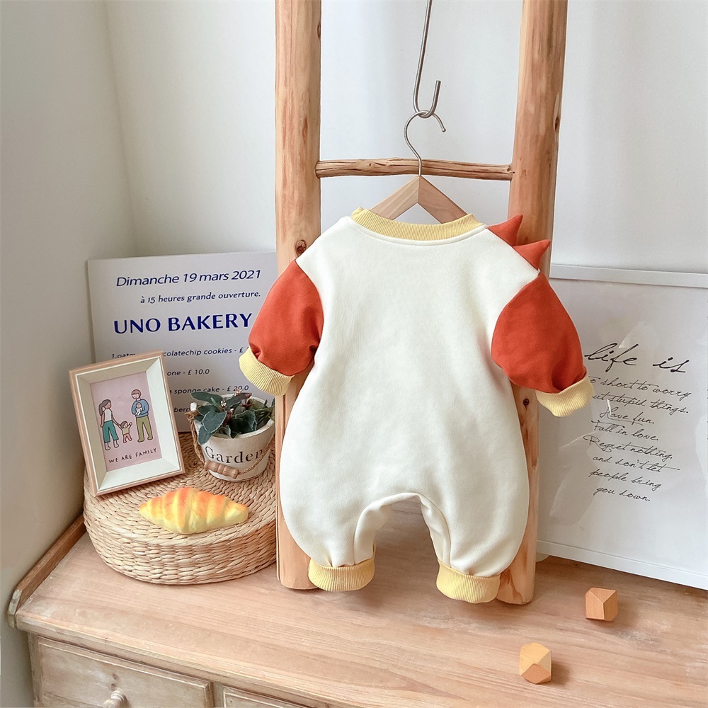 Baby Boy Winter Thicken Dinosaur Pattern Block Color Long Sleeve Fluff Romper-kissminis