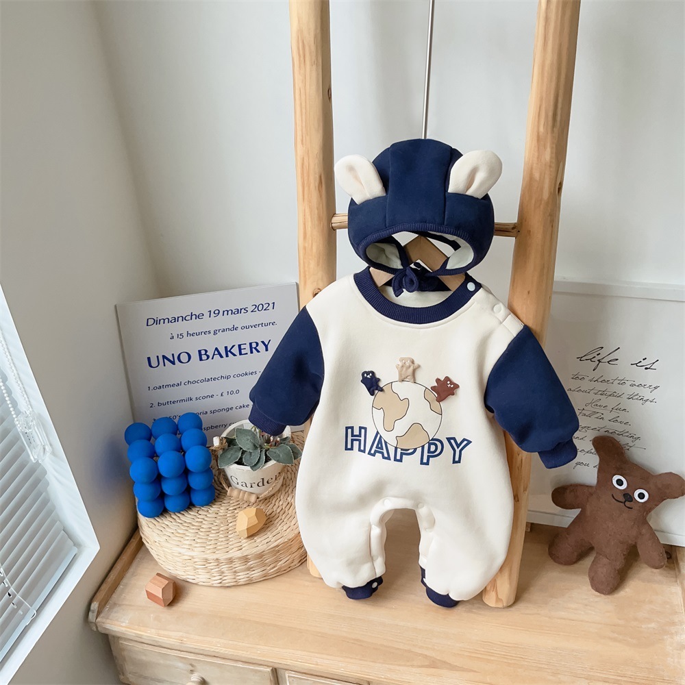 Baby Boy/Girl Three Bears On Earth Pattern Thicken Long Sleeve Romper and Hat Set-kissminis