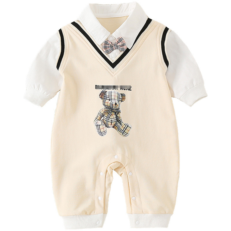 Mock Two-pieces Baby Boy Plaid Bear Print and Bow Tie Collar Long Romper-kissminis