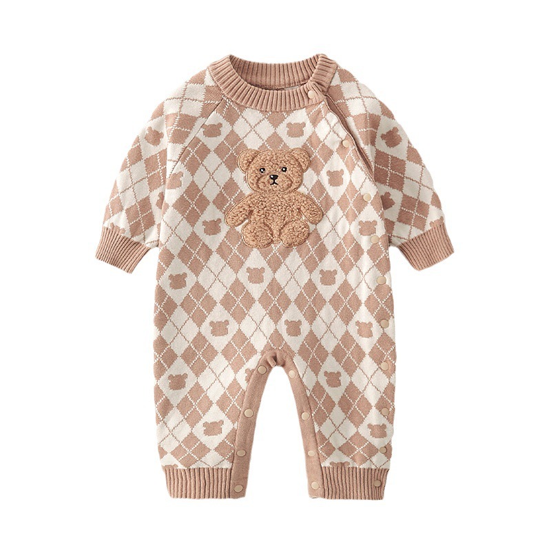 Baby Boy/Girl Cotton Bear Graphic Plaid Knitted Romper-kissminis