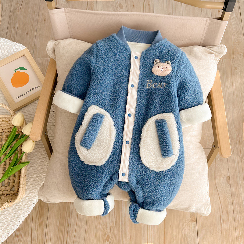 Baby Boy Cute Bear and Letter Pattern Winter Thicken Fluff Long Sleeve Romper-kissminis