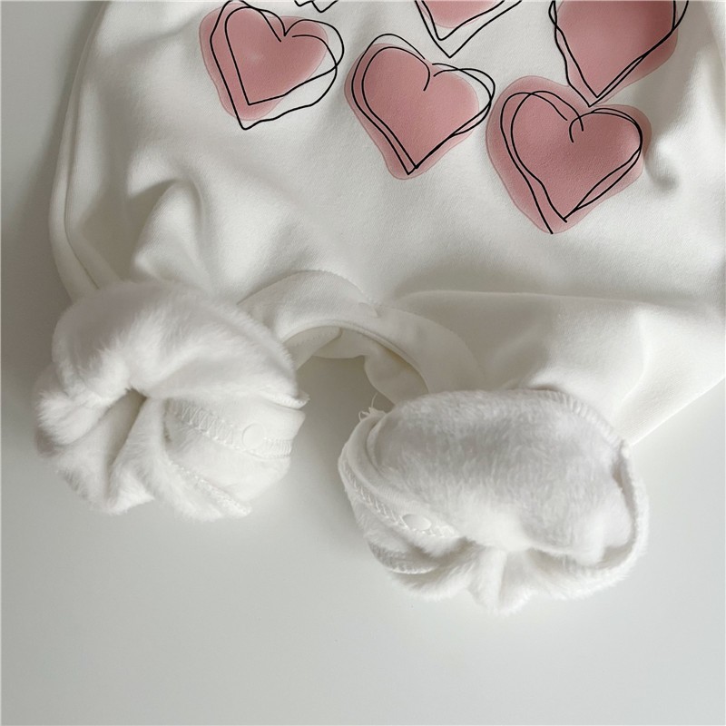 Baby Girl Heart Print Graphic Fluff Block Color Long Sleeve Romper