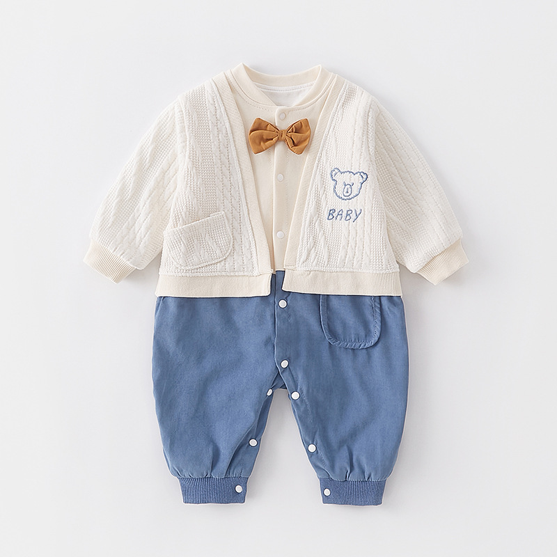 Baby Boy/Girl 95% Cotton Fake Two Pieces Cute Bear Pattern Long Sleeve Romper-kissminis