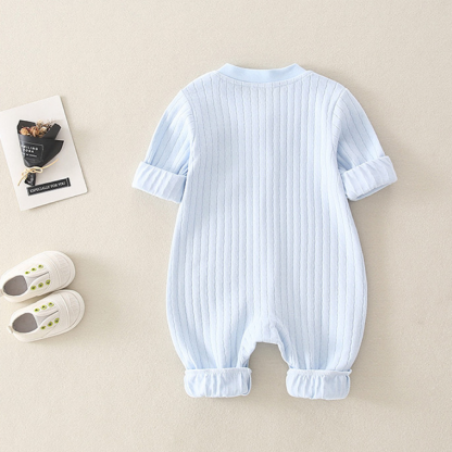 Newborn Baby Boy/Girl Ribbed Sailboat Patch Solid Color Botton Up Long Sleeve Romper