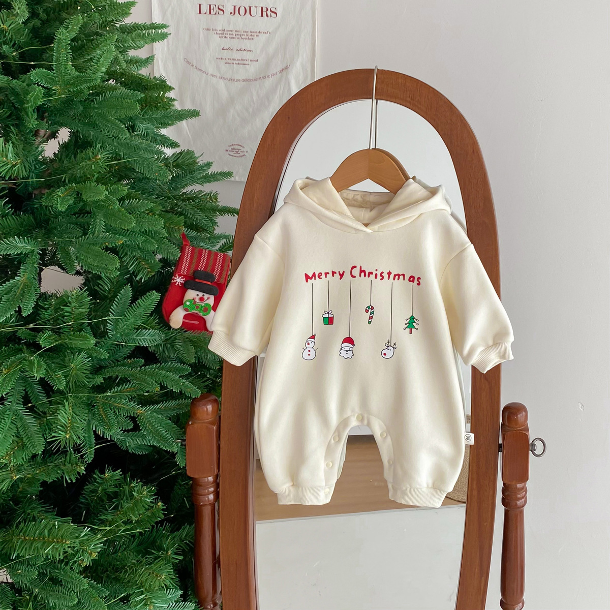 Baby Boy/Girl Christmas Cartoon Print Hooded Long Sleeve Romper-kissminis
