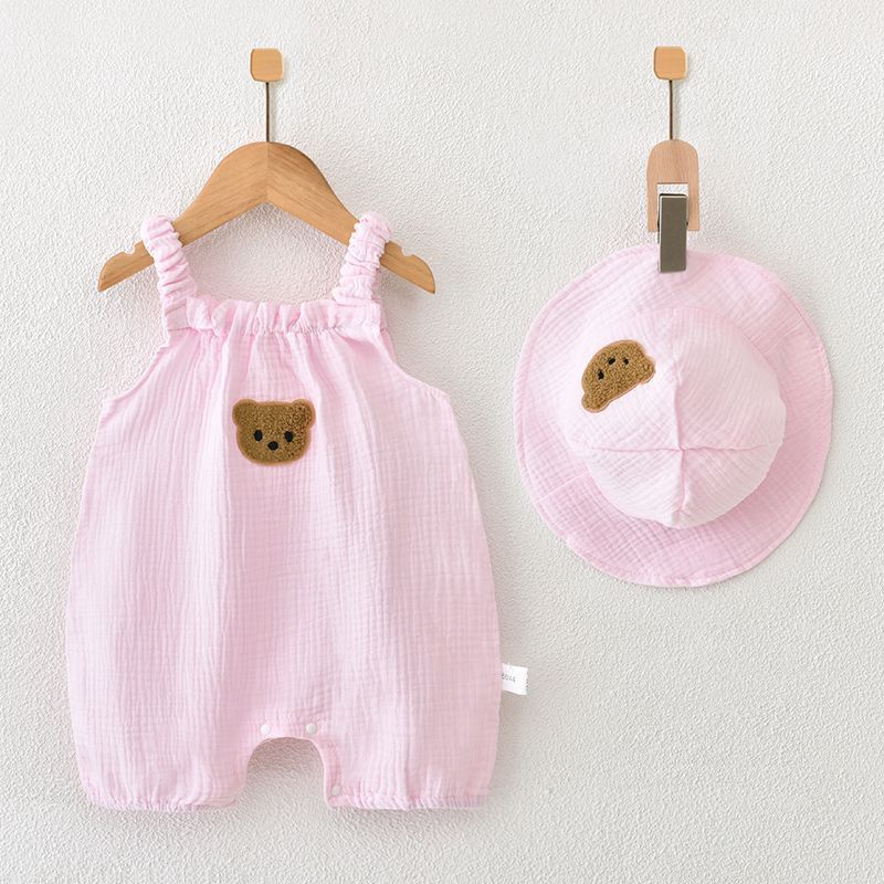 2pcs Baby Boy/Girl Bear Print Thin Crawl Romper with Hat-kissminis