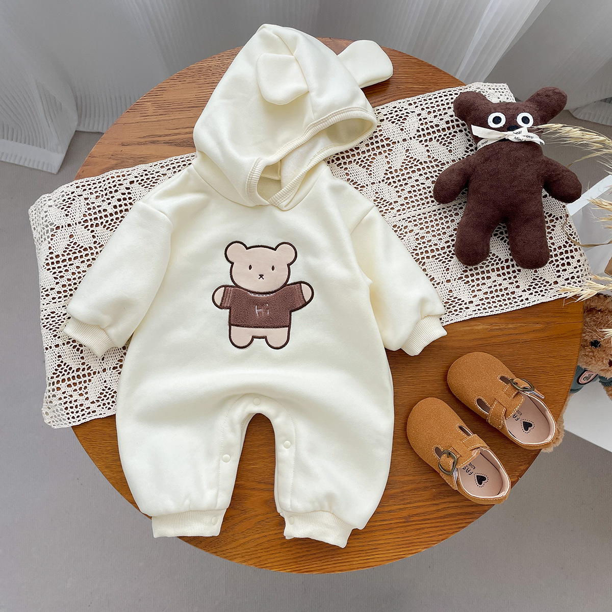 Baby Boy/Girl Cartoon Bear Graphic Thicken Hooded Long Sleeve Romper-kissminis