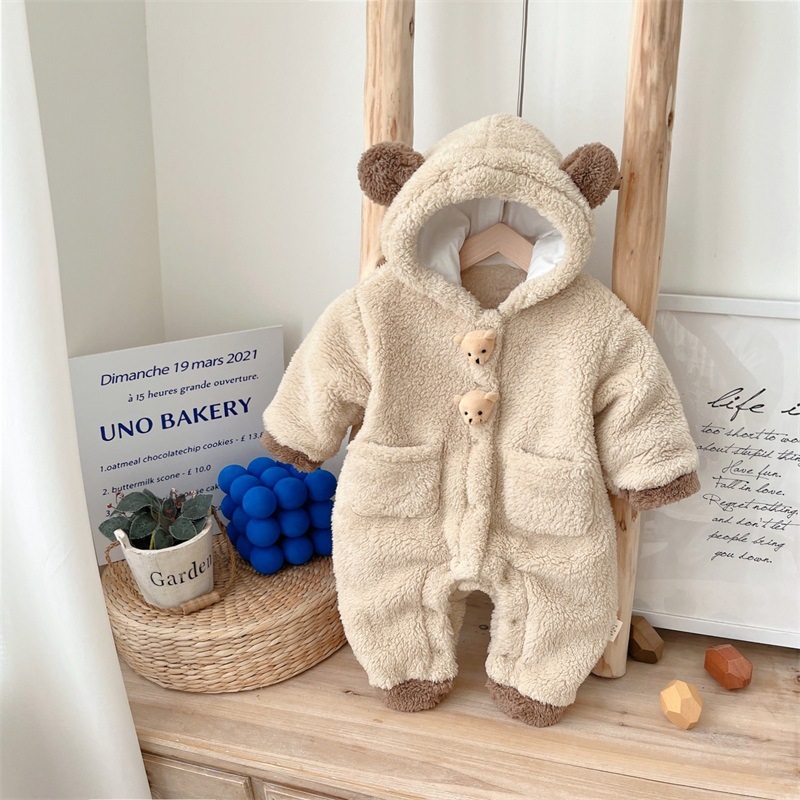 Winter Baby Boy/Girl Winter 3D Bear Doll Long Sleeve Hooded Thicken Fluff Romper-kissminis