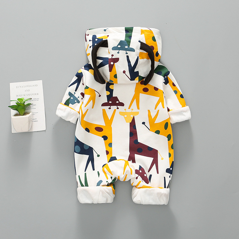 Baby Boy/Girl Winter Thicken Printed Giraffe Allover Cotton Romper-kissminis