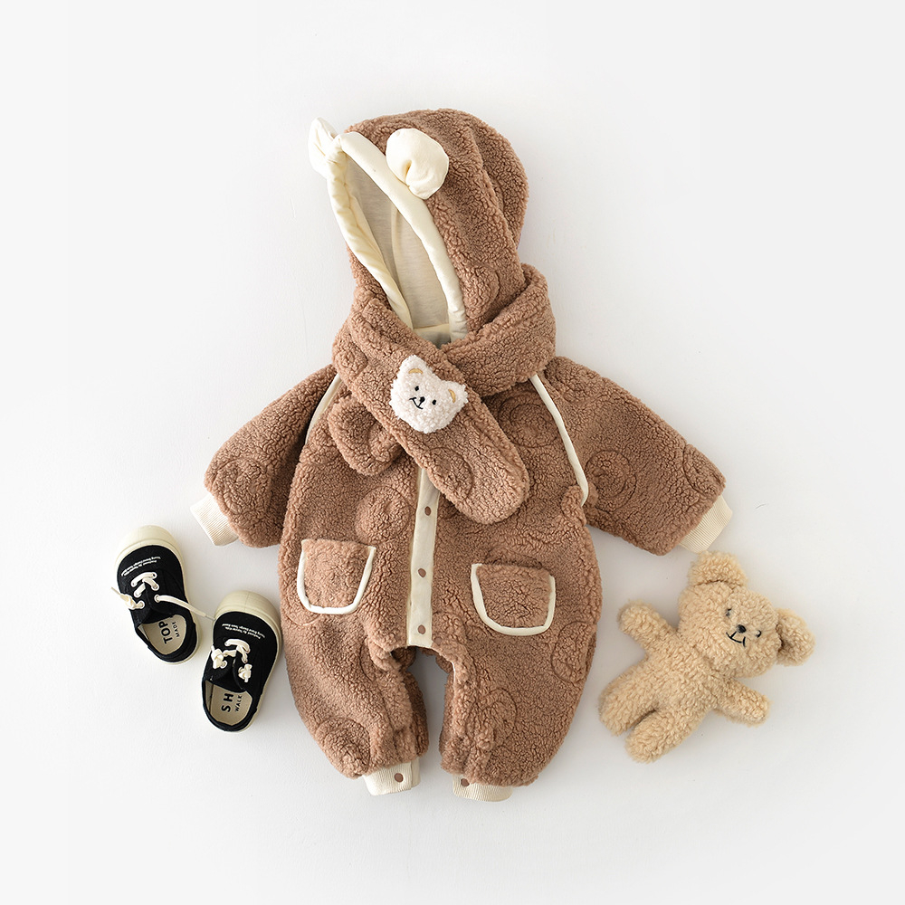 2pcs Baby Boy/Girl Winter Warm Brown Bear Fuzzy Romper with Doll Set-kissminis