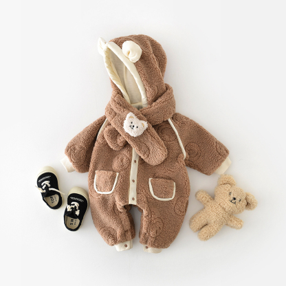2pcs Baby Boy/Girl Winter Warm Brown Bear Fuzzy Romper with Doll Set-kissminis