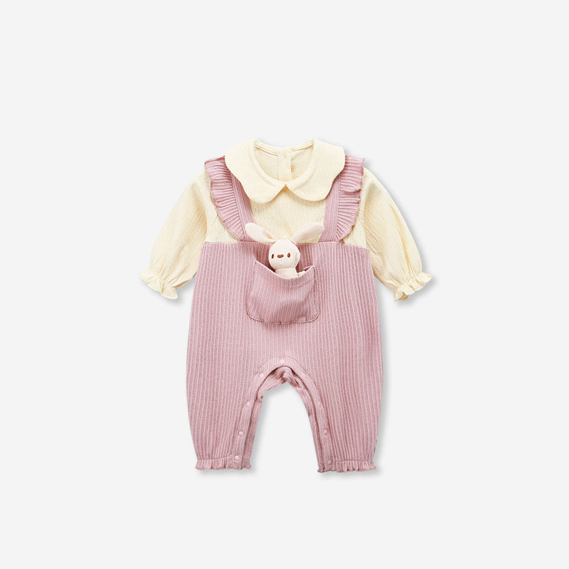 Baby Girl Cute 3D Pocket Rabbit Design Pattern Fake Two Pieces Long Sleeve Romper-kissminis