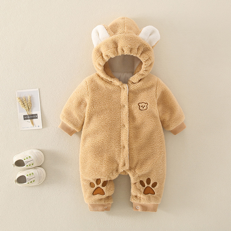 Baby Boy/Girl Winter Bear and Arch Patch Long Sleeve Thicken Hooded Fluff Romper-kissminis