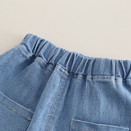 2pcs Bear Embroidery and Tie Detail Denim Shorts Set