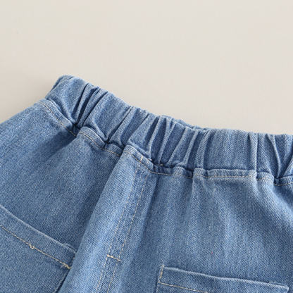 2pcs Bear Embroidery and Tie Detail Denim Shorts Set