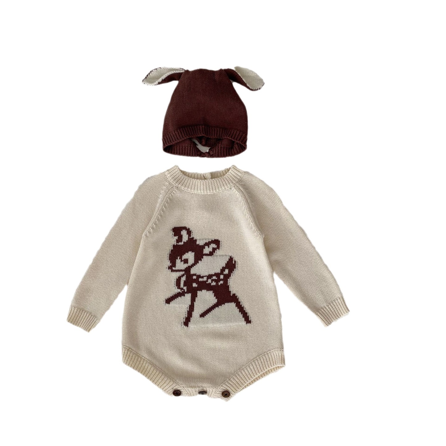 Newborn Baby Boy/Girl Cute Deer Pattern Long Sleeve Bodysuit and Hat-kissminis