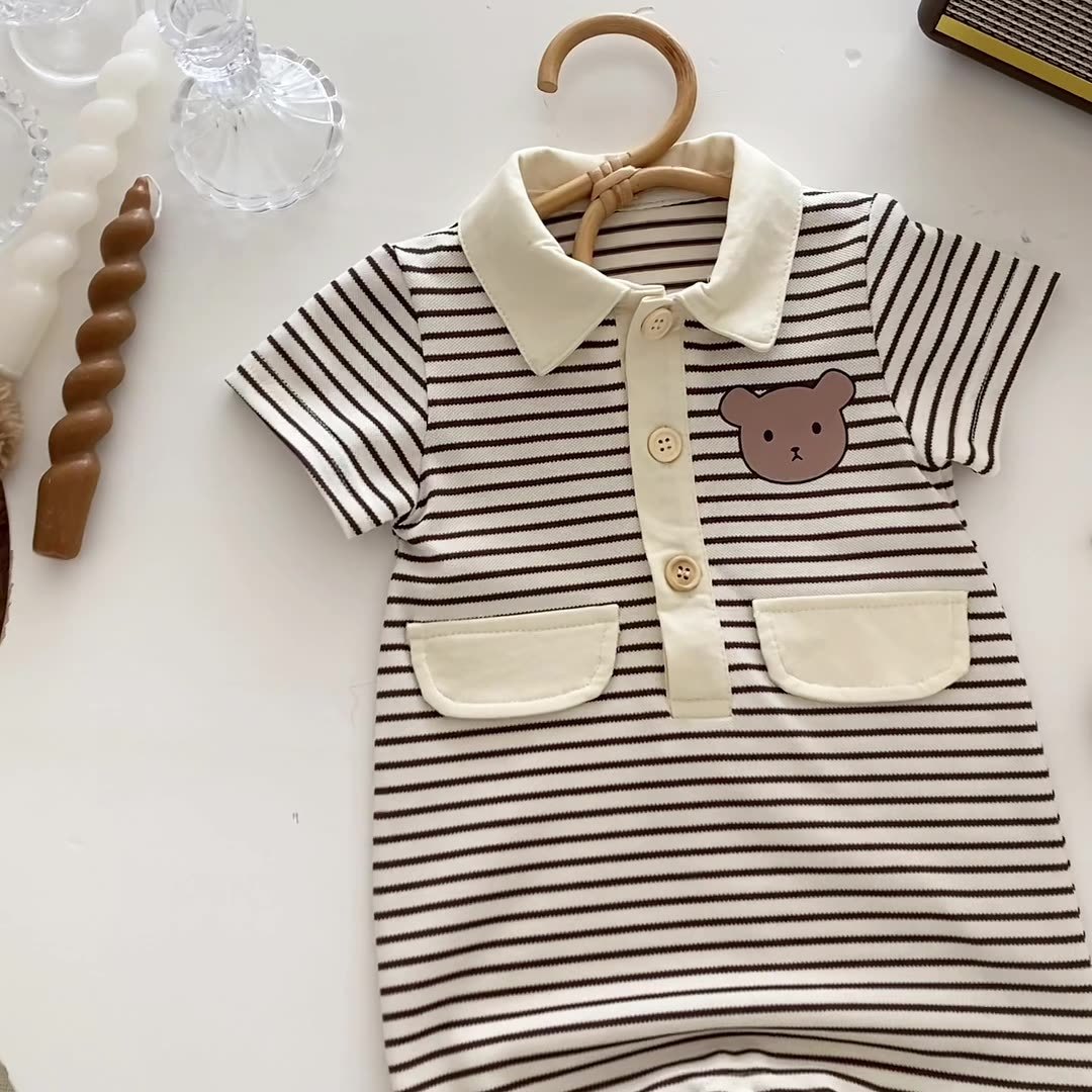 Baby Polo Neck Striped Bear Pattern Romper-kissminis