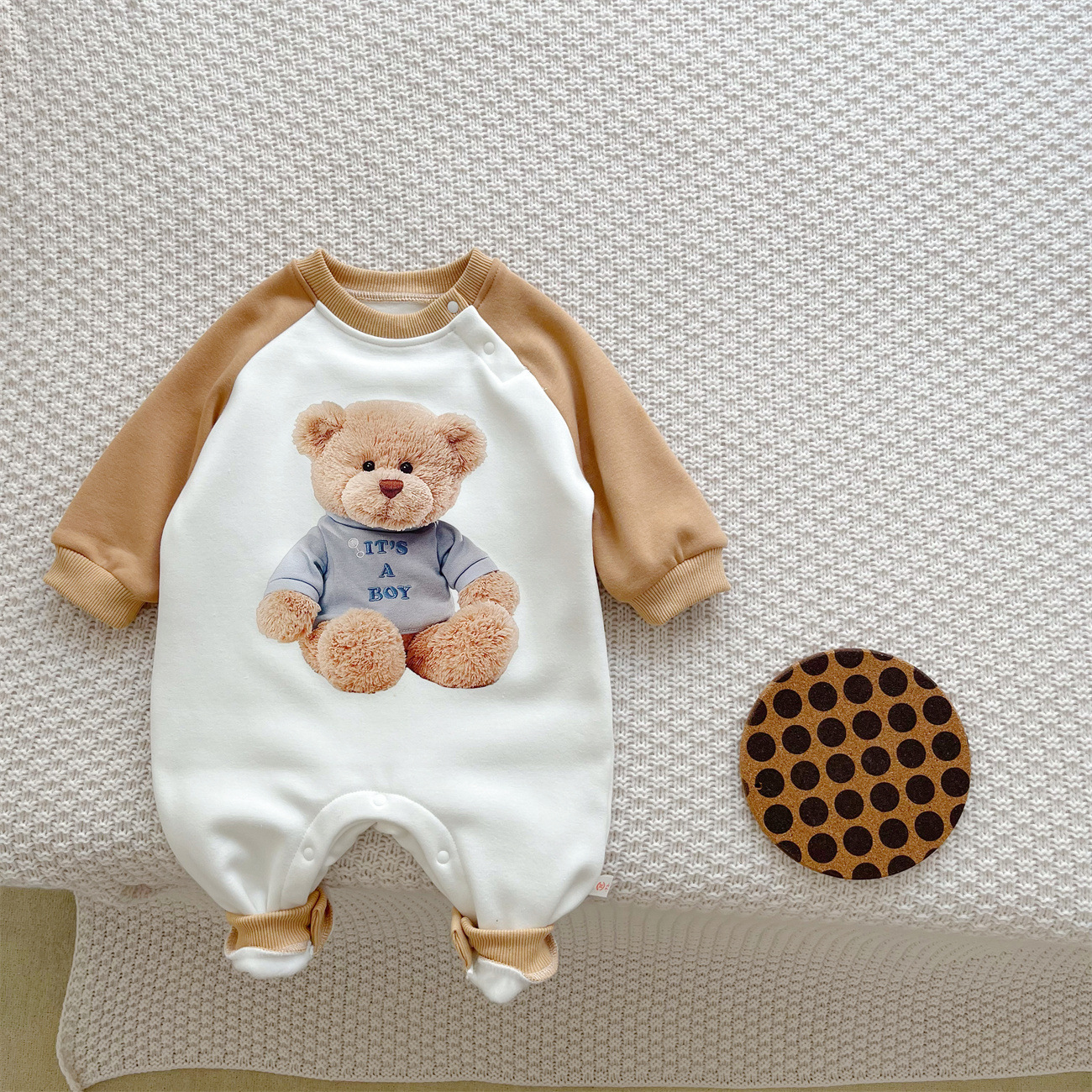 Baby Boy/Girl Cartoon Teddy Bear Print Thicken Long Sleeve Romper-kissminis