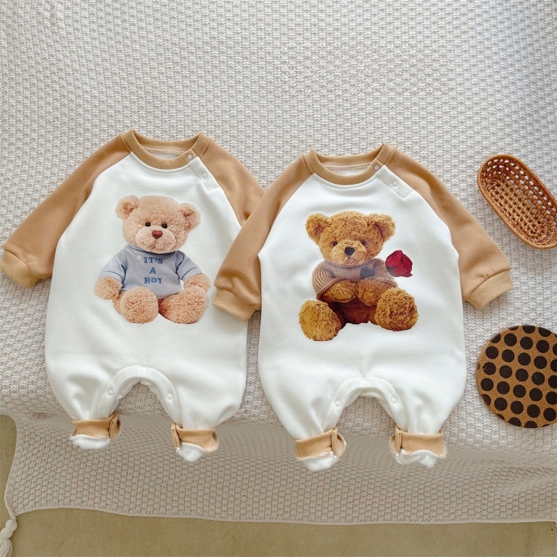 Baby Boy/Girl Cartoon Teddy Bear Print Thicken Long Sleeve Romper-kissminis