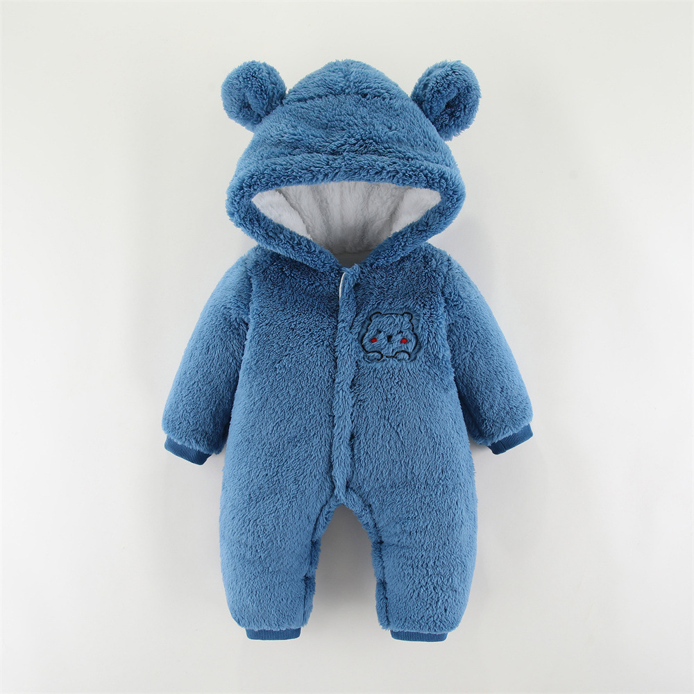 Baby Boy/Girl Winter Thicken Bear Patch Long Sleeve Fluff Hooded Romper-kissminis