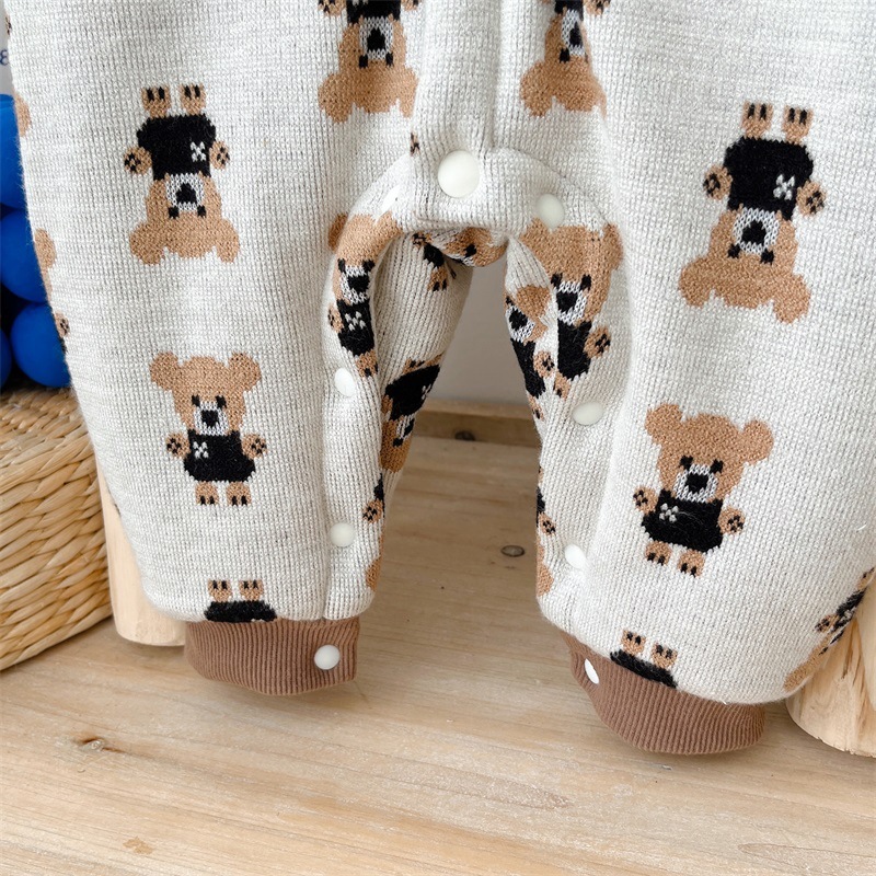 Baby Boy/Girl Winter Polo Collar Allover Bear Print Long Sleeve Fluff Romper-kissminis