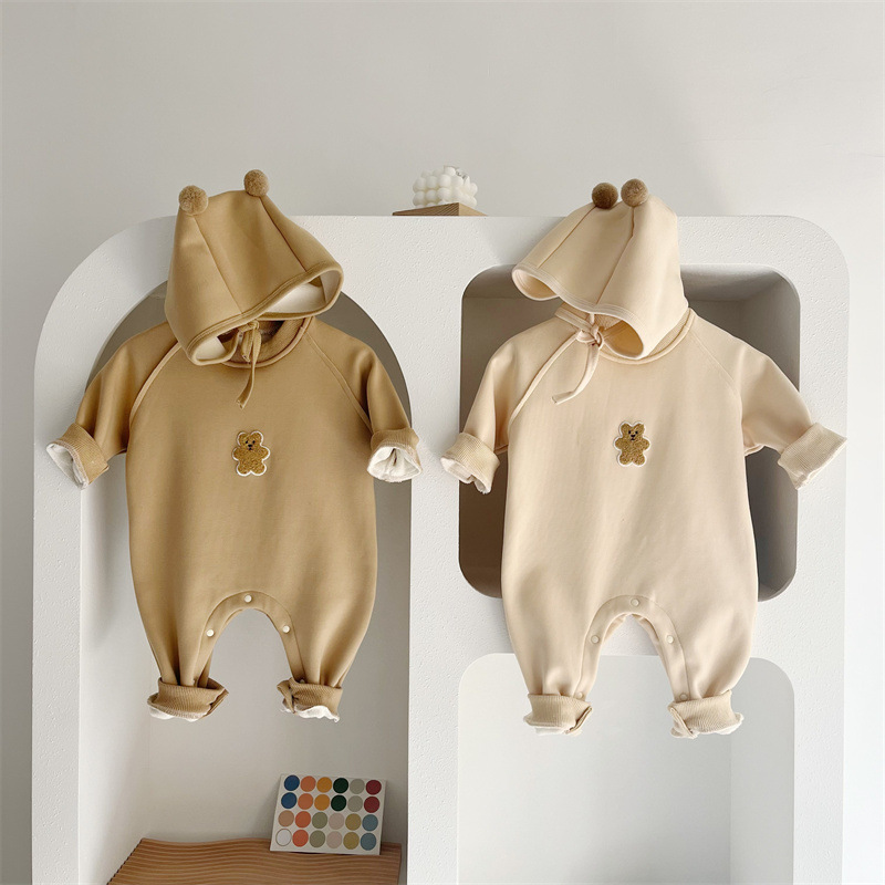 Baby Boy/Girl Bear Pattern Solid Color Long Sleeve Romper and Hat Set-kissminis