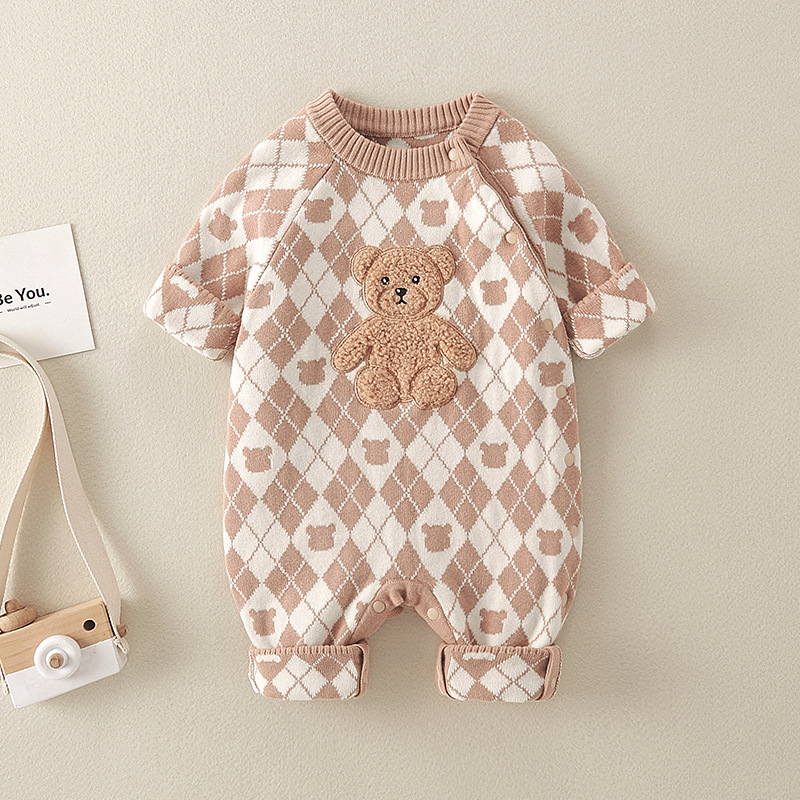 Baby Boy/Girl Cotton Bear Graphic Plaid Knitted Romper-kissminis