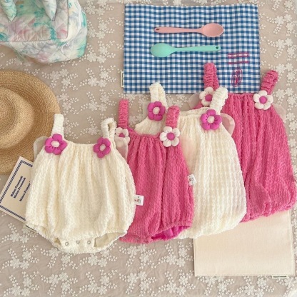 Baby Girl 95% Cotton Chiffon Wrinkle Solid Floral Decro Sleeveless Sling Tank Back Bowknot Sweet Princess Bodysuit