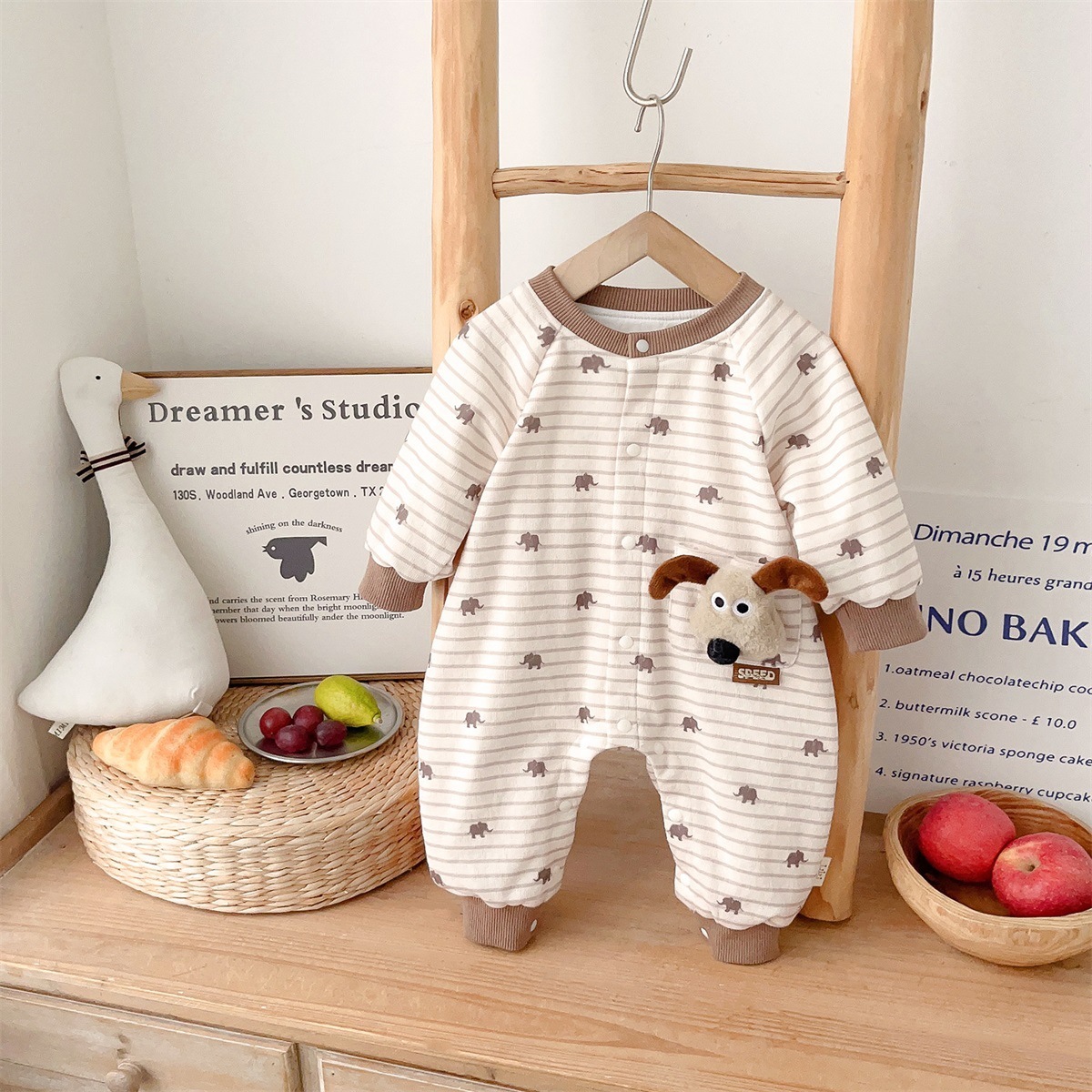 Elephant Print and 3D Dog Decoration on Pocket Striped Romper