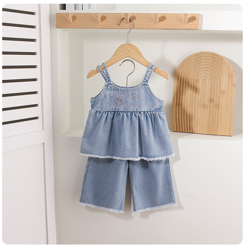 Denim Spaghetti - strap Ruffled Top Embroidery and Denim Culottes Set