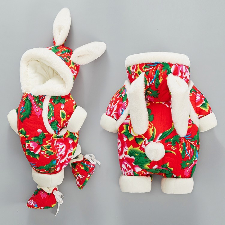 Baby Boy/Girl Winter Thicken Rabbit Ear Design Flower Pattern Cotton Romper-kissminis