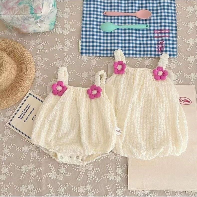 Baby Girl 95% Cotton Chiffon Wrinkle Solid Floral Decro Sleeveless Sling Tank Back Bowknot Sweet Princess Bodysuit