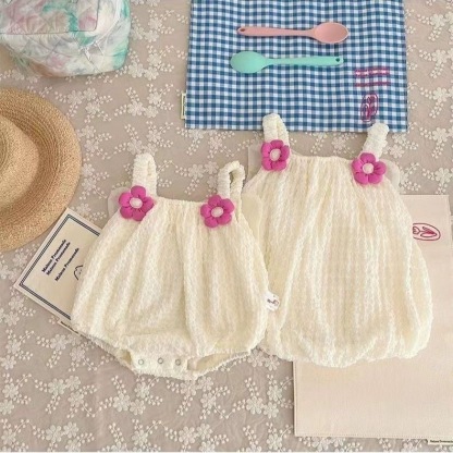 Baby Girl 95% Cotton Chiffon Wrinkle Solid Floral Decro Sleeveless Sling Tank Back Bowknot Sweet Princess Bodysuit