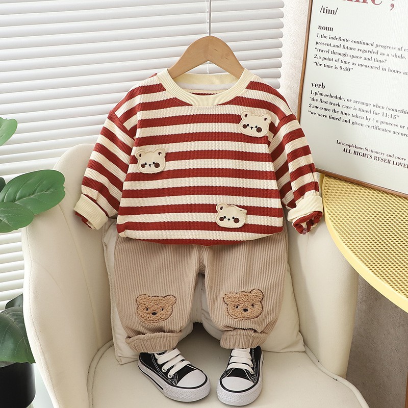 2pcs Toddler Striped and Bear Graphic Sweatshirt and Pant Set-kissminis